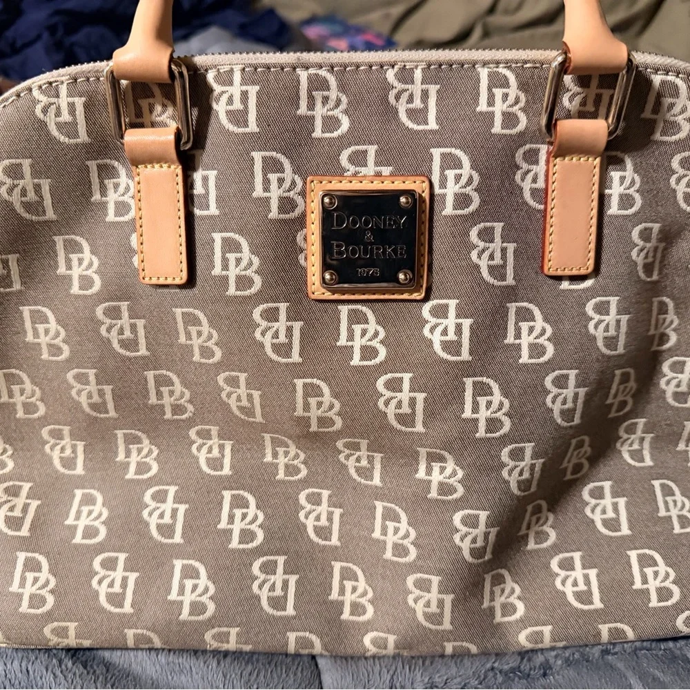 Dooney & Bourke Taupe Logo Tote with Tan Leather Trim - Picture 1 of 4